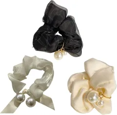 e-na.e-na パール 3個セット ヘアゴム シュシュ 跡がつかない おしゃれ 大人 ヘアアクセサリー リボン 美髪 ファッション レディース ヘアアレンジ ギフト ジャージヘアゴム (ブラック、グレー、ホワイト)