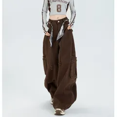 ワイドパンツ ルーズ ストリート デニム ツイル Y2K バギー レディース 韓国ファッション ダンス 個性派 バルーンパンツ カーゴパンツ 無地 ワイドデニムパンツ バギーデニム デニムワイドパンツ 茶