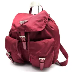 美品 PRADA プラダ リュック バックパック 三角ロゴプレート ダブルポケット テスートナイロン 軽量 レザー 本革 レッド 赤 レディース メンズ 白タグ有り ビジネス B2811F