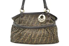 フェンディ ズッカ ショルダー ハンドバッグ トート ロゴプレート ゴールド金具 ナイロンキャンバス 茶 ブラウン FENDI 4958h
