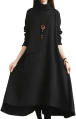 Elixio エリクシオ ワンピース レディース ロングワンピース 長袖 Aライン ハイネック タートルネック あったか あたたかい 体型カバー カジュアル 秋 冬 厚手 ストライプ (ブラック,  M)