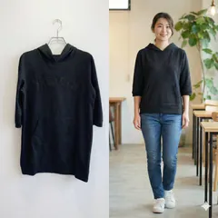 美品✨ シネマクラブ CINEMA CLUB パーカー フーディー 五分袖 ロゴ デザイン ロゴ 刺繍 ブラック 黒 シンプル ベーシック カジュアル ゆったり 体型カバー レイヤード