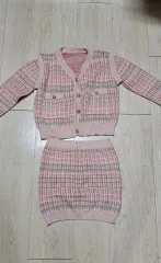 ピンク チェック ニット カーディガン スカート セット