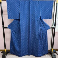 小紋　袷　着物　青　麻の葉　リサイクル着物　k-876