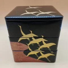 【D10386】(美品) 木製黒塗 金彩鶴蒔絵 三段重箱 （保管箱なし）