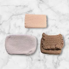 【就労福祉施設制作】ハンドメイド  手編みニットポーチ3個セット (パープル・ピンク・ブラウン）