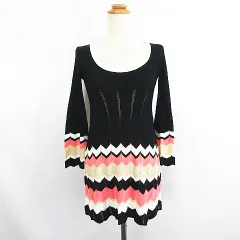 イング INGNI ニット チュニック ワンピース 七分袖 ラウンドネック 透かし編み ギザギザ裾 リブ ウール混 M ブラック×オレンジ ※EKM