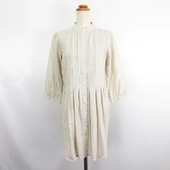 23区 オンワード樫山 シャツ チュニック 七分袖 バンドカラー プリーツ 麻混 38 ライトベージュ ※EKM