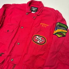 激レア 90s NFL 49ers スタジアムコート 赤 FIRST STRING 上位モデル スーパーボウル記念 刺繍 コットンジャケット 中綿 ヘビーアウター MIRAGE 古着 アメフト【6020ST】