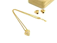 ■美品■NINA RICCI ニナリッチ ラインストーン ハート クリップ式 イヤリング ネックレス アクセサリー 2点セット ゴールド系 DL4337