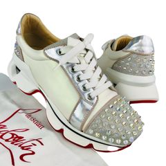 極美品Christian Louboutinクリスチャン ルブタン・レディース レザー グリッター切替し スパイクスタッズ付き スニーカー (37) イタリア製 ブランド カジュアル レディーススニーカー スタッズ 冬物 キラキラ