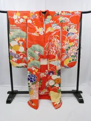 ◇KWF068 引き振袖風 大振袖 朱色 正絹 金駒刺繍 舞踊・舞台向き 古着