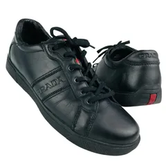 美品★PRADA SPORT・プラダスポーツ・レディース レザー エンボス加工ブランドロゴデザイン スニーカー (37.5) レディーススニーカー ブランド ブラック カジュアル 冬物 プラスポ