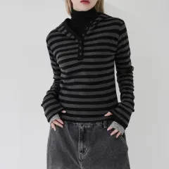 バイナリーワン ブラック ストライプ フード付きTシャツ ボーダー柄 トップス