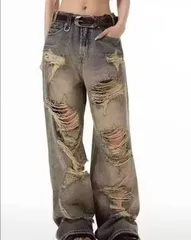 ハイウエスト ワイドレッグ デニムパンツ　ダメージ加工　ユニセックス