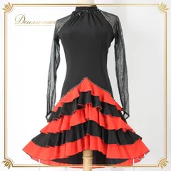 社交ダンス 衣装 ラテン ドレス ワンピース パーティドレス 赤 黒 Fantasy ファンタジー ブラック系 レッド系 ラインストーン レース 派手 カラフル 大人用 女性用 おしゃれ 躍動感 かわいい フェスティバル 競技用 結婚式 ダンスイベント