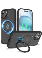 ★【2024新開発・定点360度回転スタンド】KWATUNG iPhone 15用ケース MagSafe対応 ワイヤレス充電対応 隠し収納式スタンド 横縦両立 角度調整 リング マグネット搭載 超強磁力 指紋防止 滑り止め 米軍MIL規格耐衝撃 【ブラック】