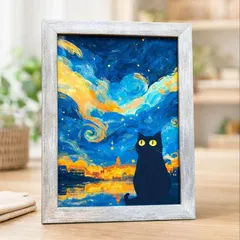 猫 ネコ ねこ 抽象画 アート 絵画 2L額付き 壁飾り 置き型 油彩風 夜空 インテリア POP かわいい ギフト プレゼント 誕生日 新築祝い 引越し祝い カフェ サロン 美容室 リビング 玄関 アート作品