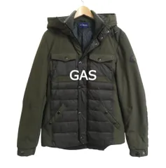 美品 ガス GAS ダウンジャケット ライダース ダックダウン ロゴワッペン フード ポケット カーキ グリーン系 サイズ46 メンズのサムネイル