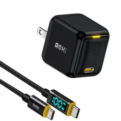 AOHI65W充電器Type-C液晶ケーブル付属(1.2m)【Gan+搭載(超小型・高効率充電・過熱防止)/PDPPS/PSE認証/充電ステータスライト】MacBookproiPhoneAndroidSamsungGalaxy