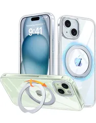 ★iPhone 15 用 ケース Magsafe対応 ワイヤレス充電 360°回転スタンド 縦横両対応 Gunwon スマホケース iphone15 用 米軍規格 耐衝撃 半透明 マット感 マグセーフ 防指紋 リング マグネット搭載 アイフォン15 「クリア」