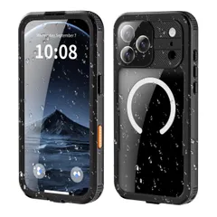 新品 iPhone17 Pro 対応 防水ケース 全面保護 360度 フルカバー 防塵 防雪 耐衝撃 透明 防水携帯カバー MagSafe対応 ストラップ付き アウトドア 水中撮影 高感度タッチスクリーン，黒