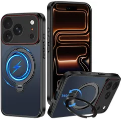 新品 iPhone 17 Pro 用 ケース Magsafe対応 半クリア iphone 17 Pro ケース リング 360°回転スタンド 縦横両対応 耐衝撃 アイフォン 17プロ スマホケース ワイヤレス充電 半透明 黄ばみなし 傷つけ防止 (ブラック)