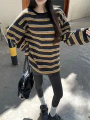 秋冬 レディース ストライプ ルーズフィット クルーネック セーター - 快適 スリムシルエット 長袖 ニットトップス