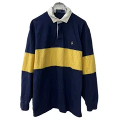 90s POLO Ralph Lauren 長袖 ボーダーポロシャツ M ネイビー イエロー ポロ ラルフローレン ラガーシャツ トップス 秋物 a801-5200