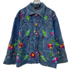 海外古着 ビジュー スパンコール 刺繍 長袖 デニムジャケット M 青 