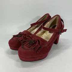 未使用に近い〇 axes femme アクシーズファム ストラップパンプス 赤 フリンジ 蝶々 チャーム チャンキーヒール L 24 24.5 レッド スエード ボア レース