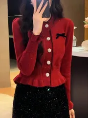 風レッドニットカーディガン レディース秋冬2025新作人気アイテム ファッショナブルでスタイリッシュなショート丈ニットカーディガン トッ