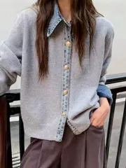 2025年新作 日本風 インスタ映え 同じデザイン 女性用ニット 偽ツーピース デニムパッチワークトップス ニットカーディガンアウターおしゃ