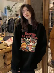 日本製、320gレトロストリートスタイルレディース秋冬ファッションルーズラウンドネック長袖スウェットシャツ、柄プリント、柔らかい生地、