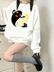 日本製、320gカジュアル、レイジースタイルの女性の秋と冬のファッションゆったりラウンドネック長袖スウェットシャツ、ハロウィンプリント