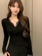 VネックレースパッチワークボトムシャツレディースタイトTシャツセクシーインナーウェアフレンチウエストトップ