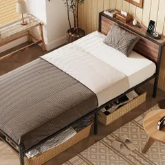 WLIVEベッドフレーム宮棚付き2口コンセントすのこベッドシングルスチールベッド収納付きベッド下収納カビ防止一人暮らし耐荷重250kgモダンハイタイプベッドフレーム単品ウォールナット…
