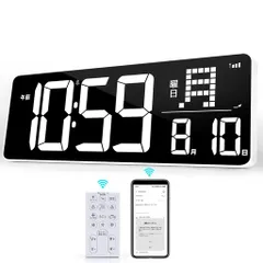 KMMKGGデジタル時計最新型Bluetoothワンタッチ自動校正時計掛け時計高齢者向け:13.7インチLED大画面温度トレンド表示時間・カレンダー・温度表示目覚まし時計自動調光バックライト音楽アラ…