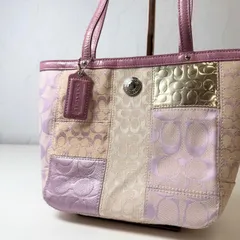 ✨Bランク　 COACH　シグネチャー　パッチワーク　ハンドバッグ　ミニバッグ　トート　bag　肩掛け　ピンク×紫　42479　「33EL」