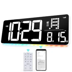 KMMKGGデジタル時計最新型Bluetoothワンタッチ自動校正時計掛け時計高齢者向け:13.7インチLED大画面温度トレンド表示時間・カレンダー・温度表示目覚まし時計自動調光バックライト音楽アラ…