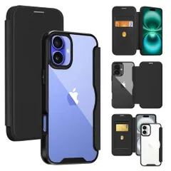 iPhone16ケース手帳型クリア背面透明いPhone16スマホケースカバー高級なPUレザー+PCパネル+TPUバンパー永久磁石マグネットカード収納人気財布型手帳カバー(ブラック)