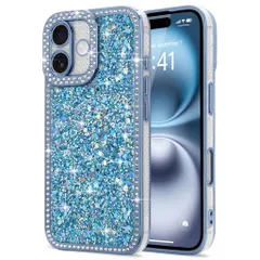 LafundaiPhone16用ケースキラキララメダイヤモンドストーンデコ女の子豪華人気衝撃吸収TPU軽量落下防止おしゃれワイヤレス充電対応アイホン16用携帯ケース6.1インチ対応ブルー
