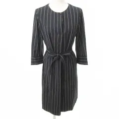 アンタイトル UNTITLED ストライプ ワンピース ひざ下丈 日本製 長袖 薄手 2 Mサイズ 紺 ネイビー ■GY61