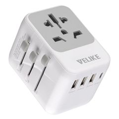 VELIKE International Adapter, Multi-Outlet Adapter, International Power Plug, 3 USB-A Ports, 1 USB-C, Universal Converter, C/BF/O/A Type Multi-Adapter, International Travel Charger, Compatible in Over 200 Countries, 1-Year Warranty