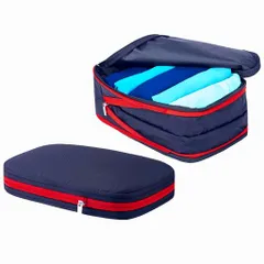 旅行用圧縮袋トラベルポーチ圧縮ポーチダブルファスナー圧縮バッグ便利グッズ衣類洋服パッキングスペース節約(ネイビーM)