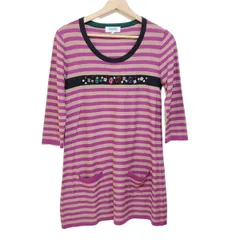 SONIARYKIEL(ソニアリキエル) ワンピース サイズ38 M レディース美品  - ベージュ×パープル 長袖/ひざ丈/ボーダー/ビジュー