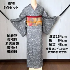 着物5点セット 紬 グレー抽象柄 名古屋帯・帯揚げ・帯締め付き すぐ着られるフルコーデ 身丈164cm kimono tsumugi casual kimono 初心者おすすめセット フルセット