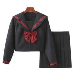 新品 [シャンディニー] セーラー服 コスプレ 長袖 黒 大きいサイズ JK 制服 女子高生風 学生服 衣装 リボンタイ付き 赤ライン トップス プリーツスカート 上下セット