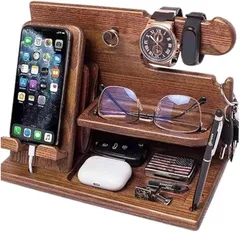 PreQuoro 木製スマホスタンド メンズ用 ギフト デスクオーガナイザー 腕時計 小物収納 父の日 誕生日プレゼント