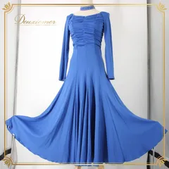 社交ダンス 衣装 スタンダード ドレス ワンピース レッスンウェア パーティドレス オールシーズン 青 ブルー系 ラインストーン 長袖 シンプル ポリエステル 日本製 気品 伸縮性 ルーズフィット おしゃれ ドレープ 柔らかい 着心地良い